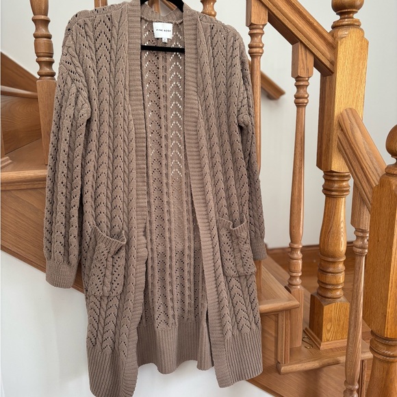 Pink Rose Open-Front Midi Tan Knit Cardigan with Pockets - Picture 1 of 5